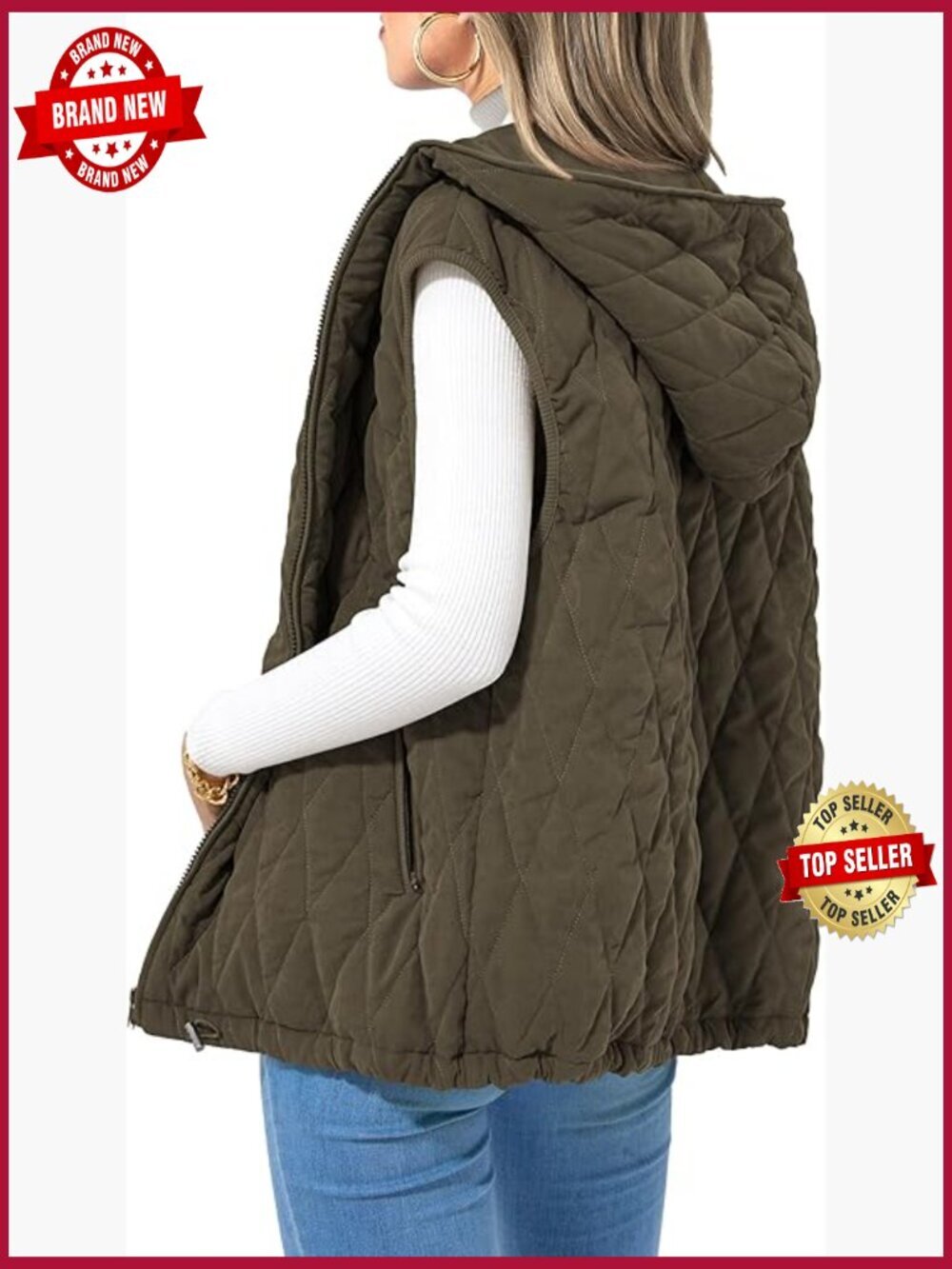 Sleeveless Hooded Zip Up Vest Jacket Trendy Winter Coat Outerwear